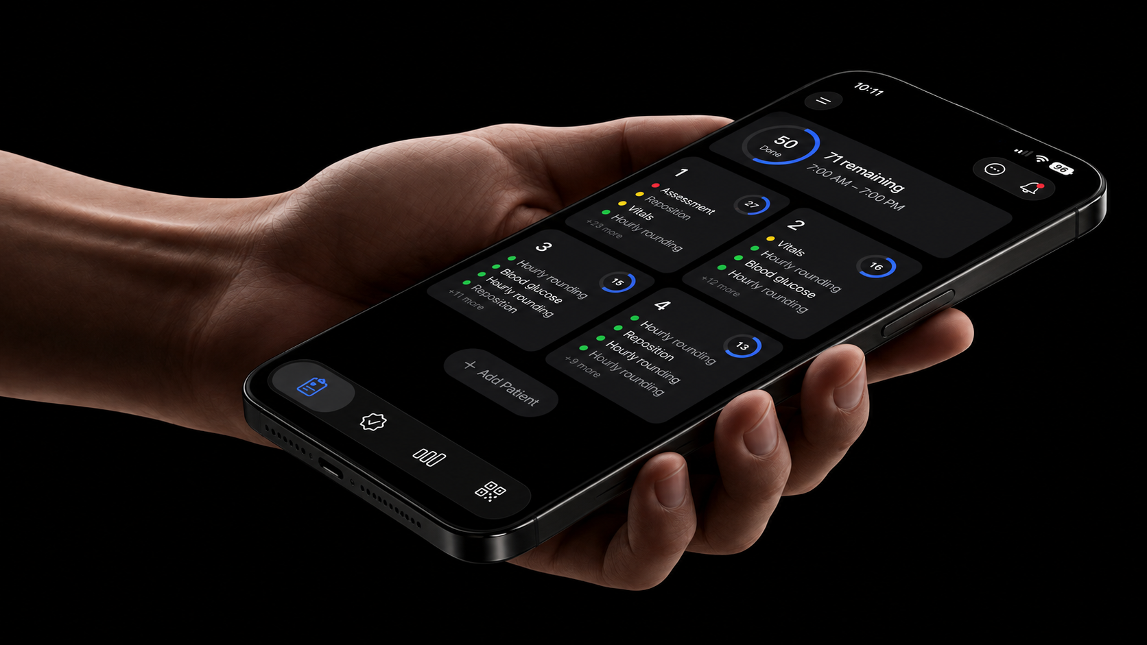 HealthTasks Professionals on iPhone, held at a low angle, showing a shift with remaining tasks grouped by patient